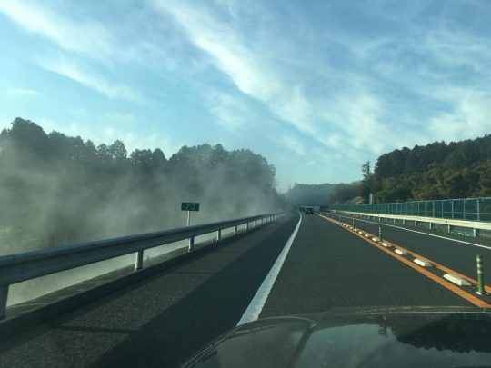 早朝、凍った地面に日が差して、溶ける湯気がすごくって、いつもの道が湯煙の里のように。